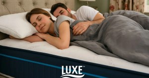 UK couple relaxing on a spacious mattress designed for shared comfort