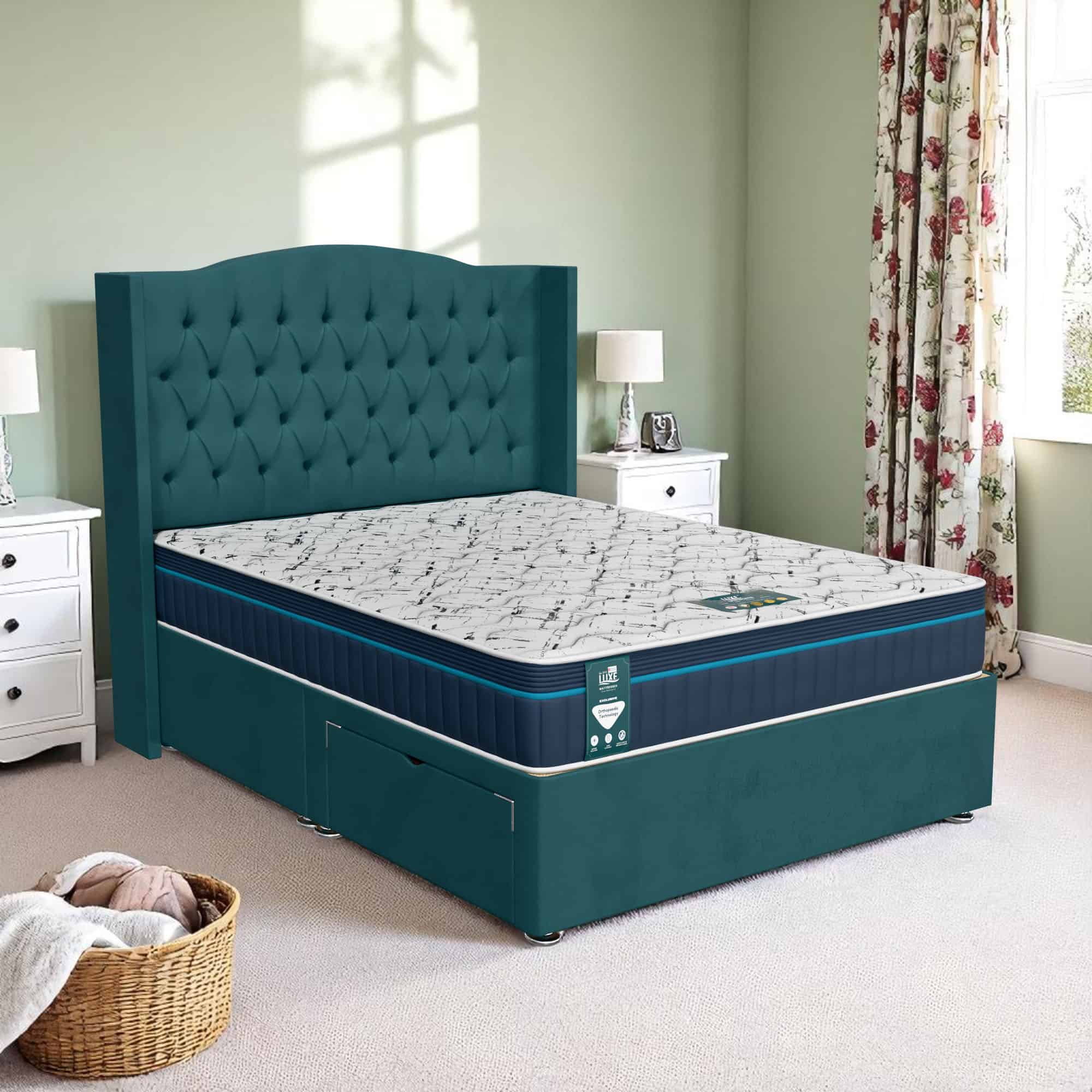 Luxe Chesterfield Curved Wings Ottoman Bed - Milan Teal, Double 135 x 190 cm
