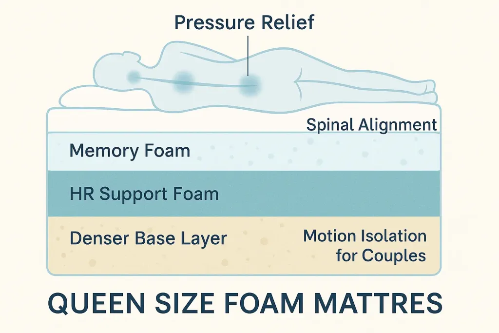 Cross-section of a queen size foam mattress showing memory foam, HR support foam and base layer with pressure relief on shoulders, back and hips.