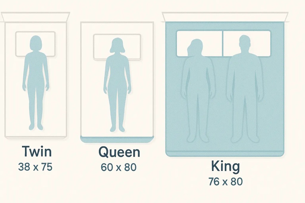 Top-down infographic comparing Twin, Full, Queen and King mattress sizes with queen highlighted and two adults lying comfortably.