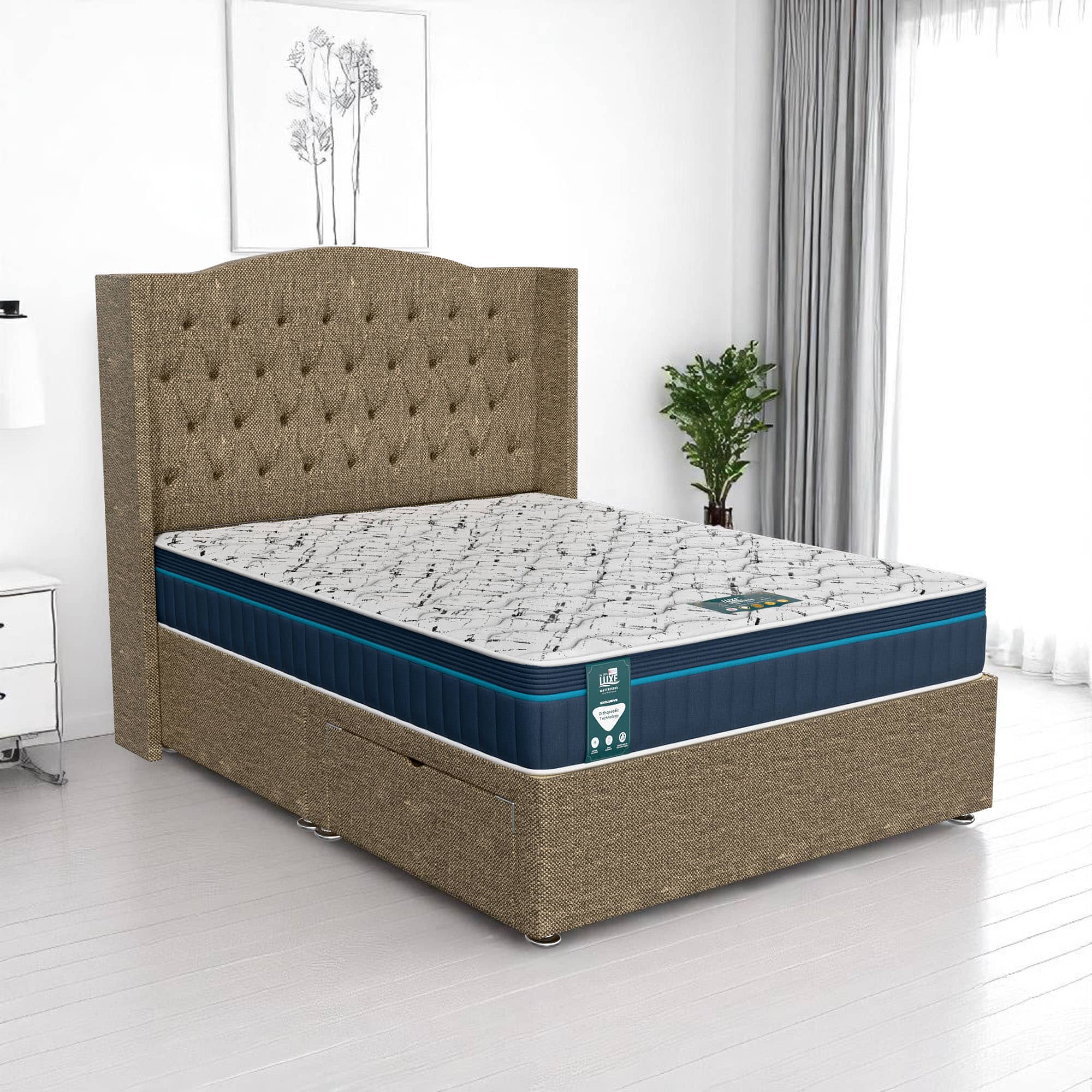 Luxe Ascot Chesterfield Curved Divan Bed - Ascot Brown, Super King 180 x 200 cm