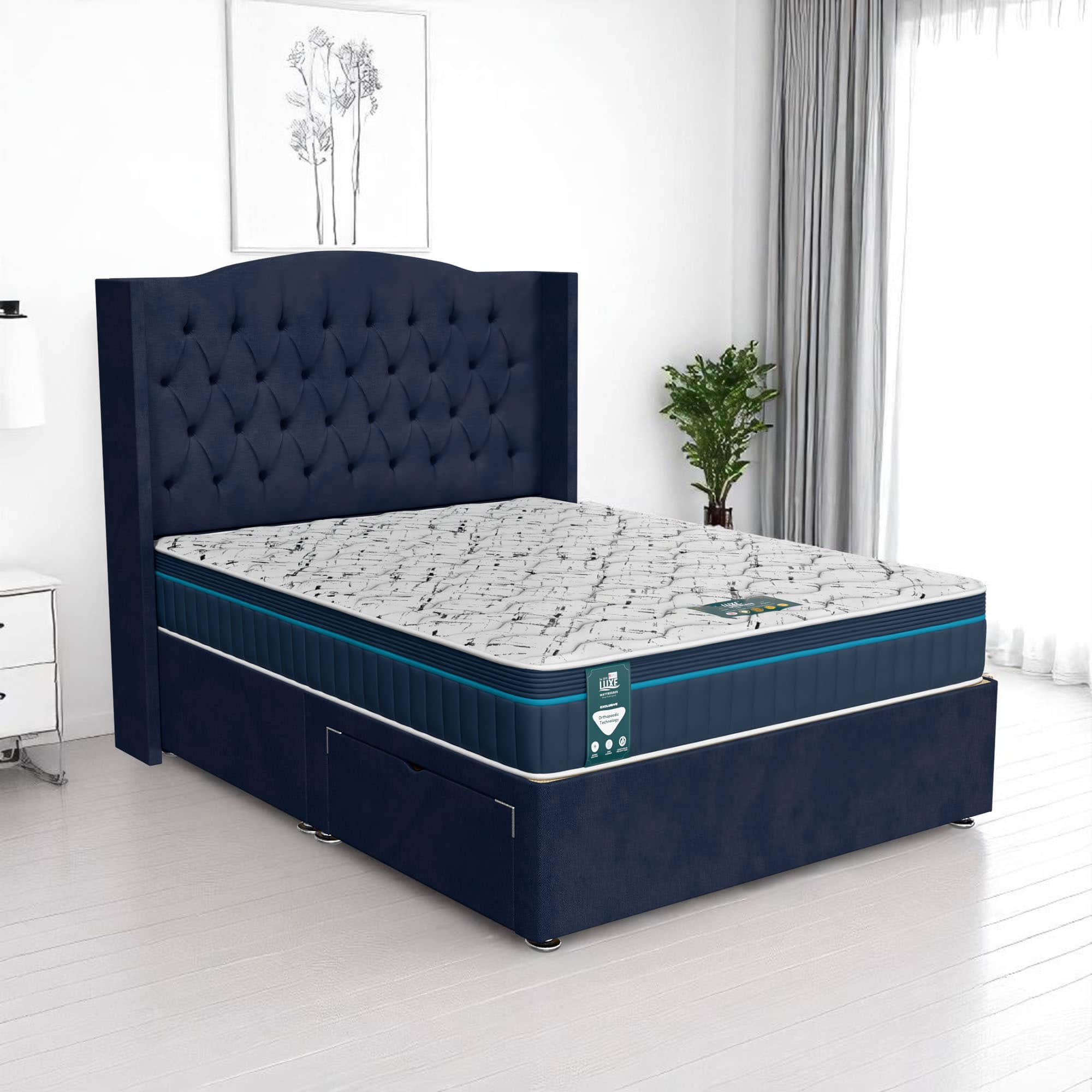 Luxe Dark Venice Chesterfield Curved Divan Bed - Venice Marine, Single 90 x 190 cm