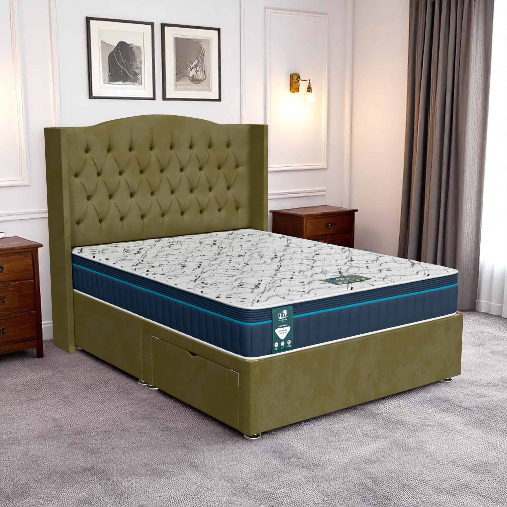 Luxe Dark Venice Chesterfield Curved Divan Bed - Venice Olive, Single 90 x 190 cm