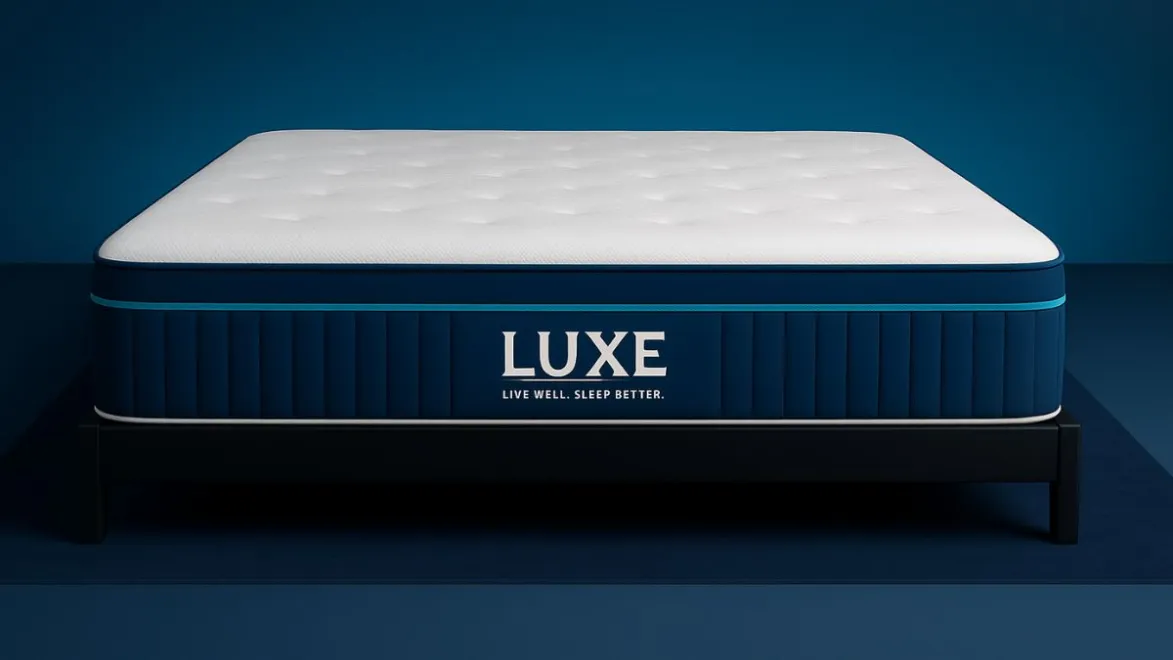 LUXE hybrid mattress in navy and white on a modern base, photographed in a clean studio setup to represent UK hybrid mattress comfort and support.