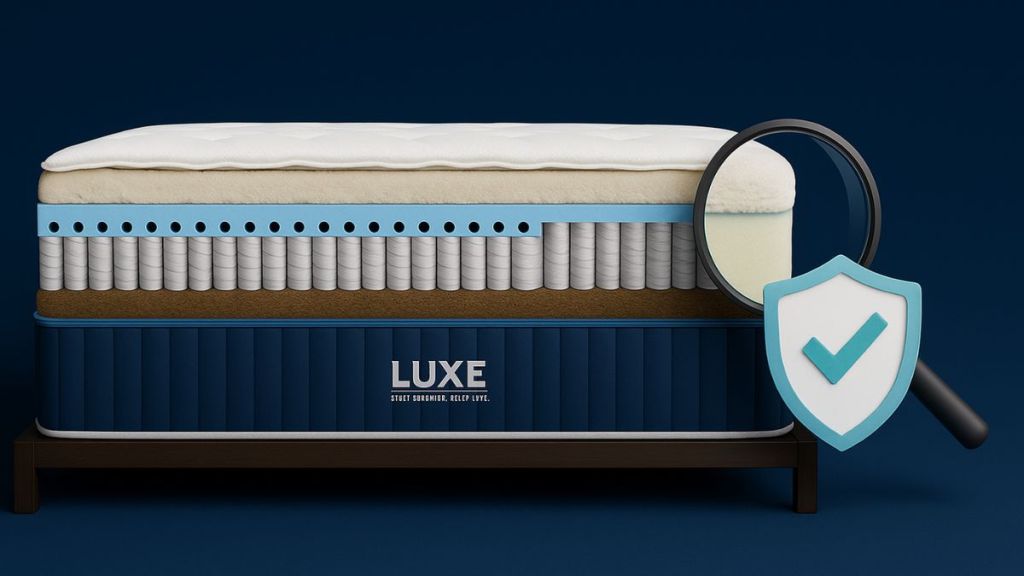 Cross-section view of a LUXE hybrid mattress showing foam comfort layers over pocket springs, illustrating how a hybrid mattress is built