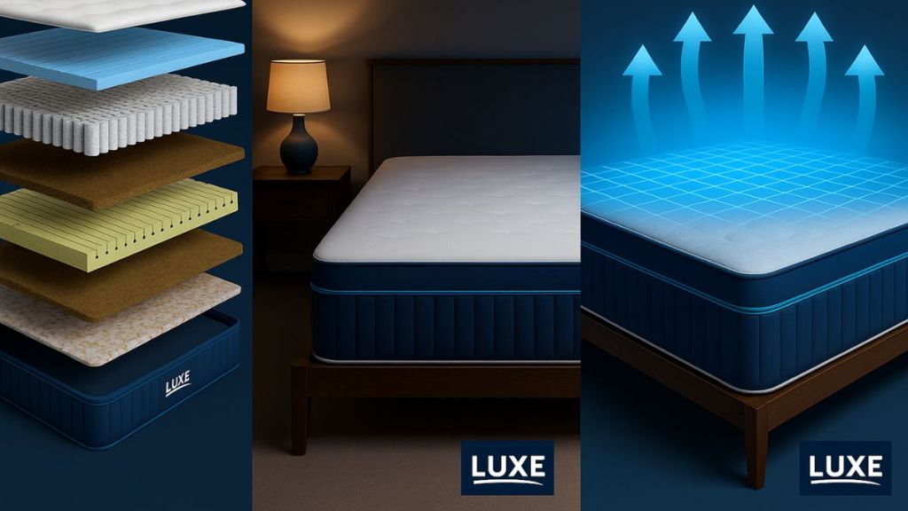 Exploded layered view of a LUXE hybrid mattress showing quilted top, cooling foam, support foams, and pocket springs for balanced comfort