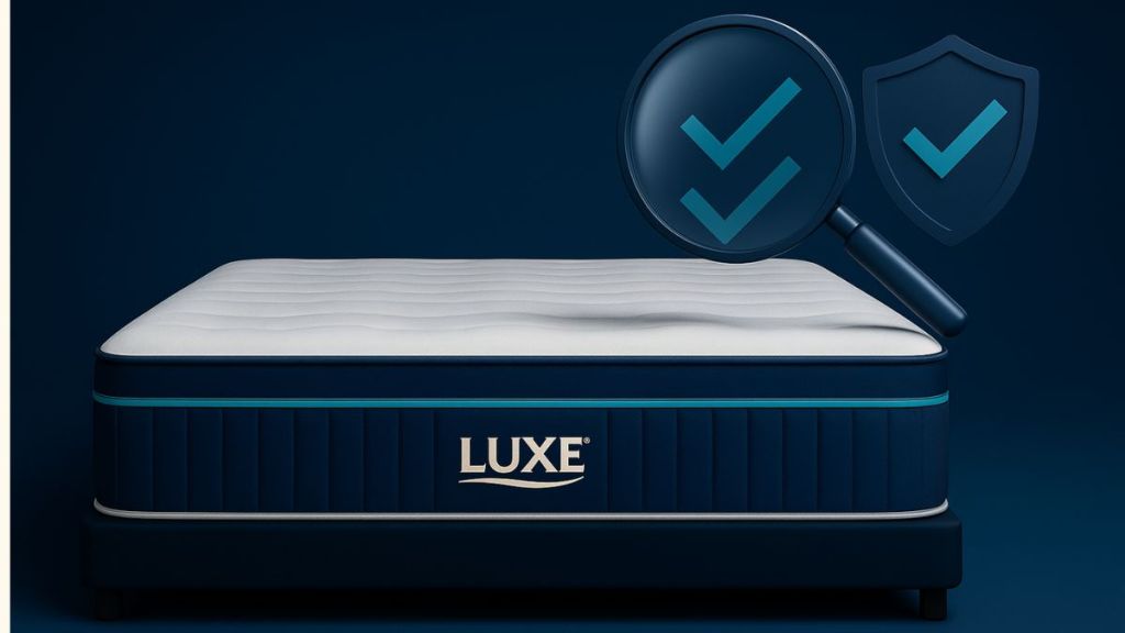 LUXE hybrid mattress on a dark navy background with verification icons, symbolising fact-checked hybrid mattress information for UK buyers.