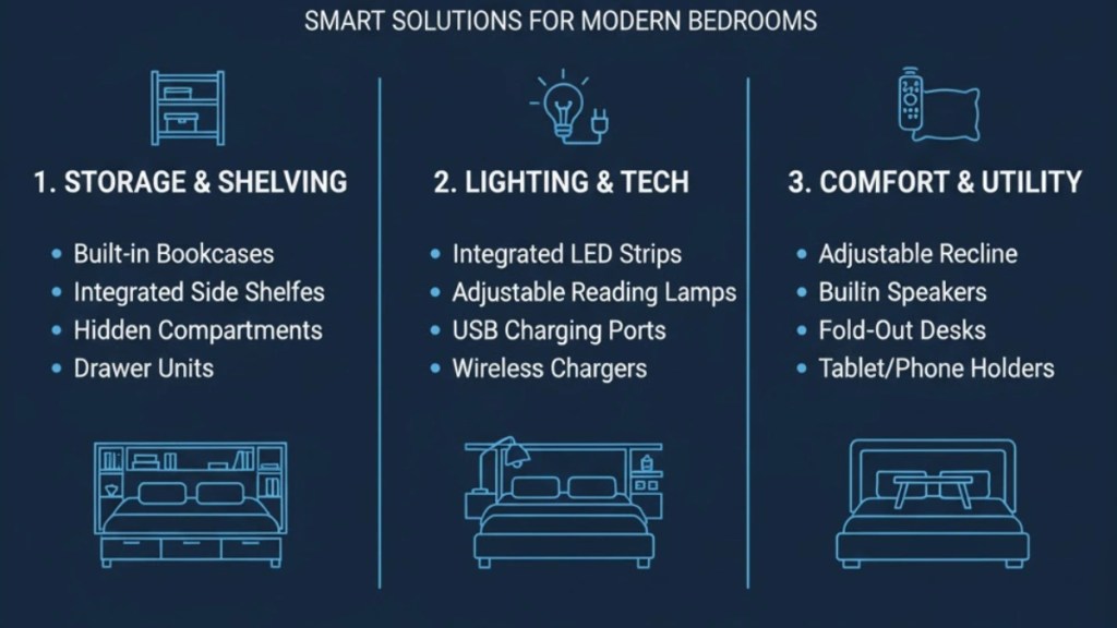 Functional Features in Headboard for Super King Bed Design