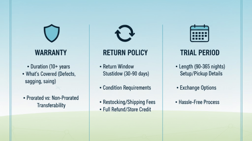 Warranty, returns, and trial policies to check