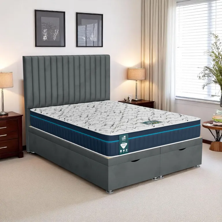 Ottoman bed with hidden storage and gas lift mechanism in a modern bedroom