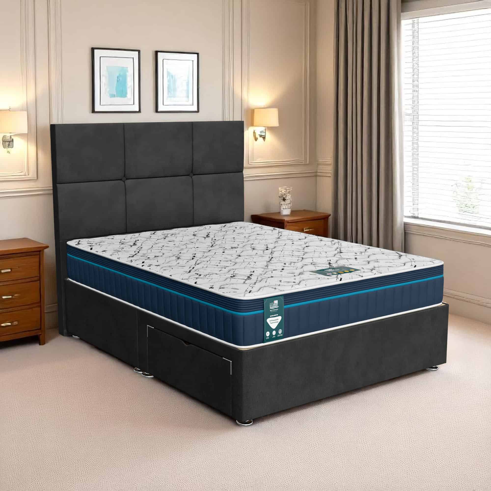 Venice Square Panel Divan-Dark - Venice Black, Super King 180 x 200 cm