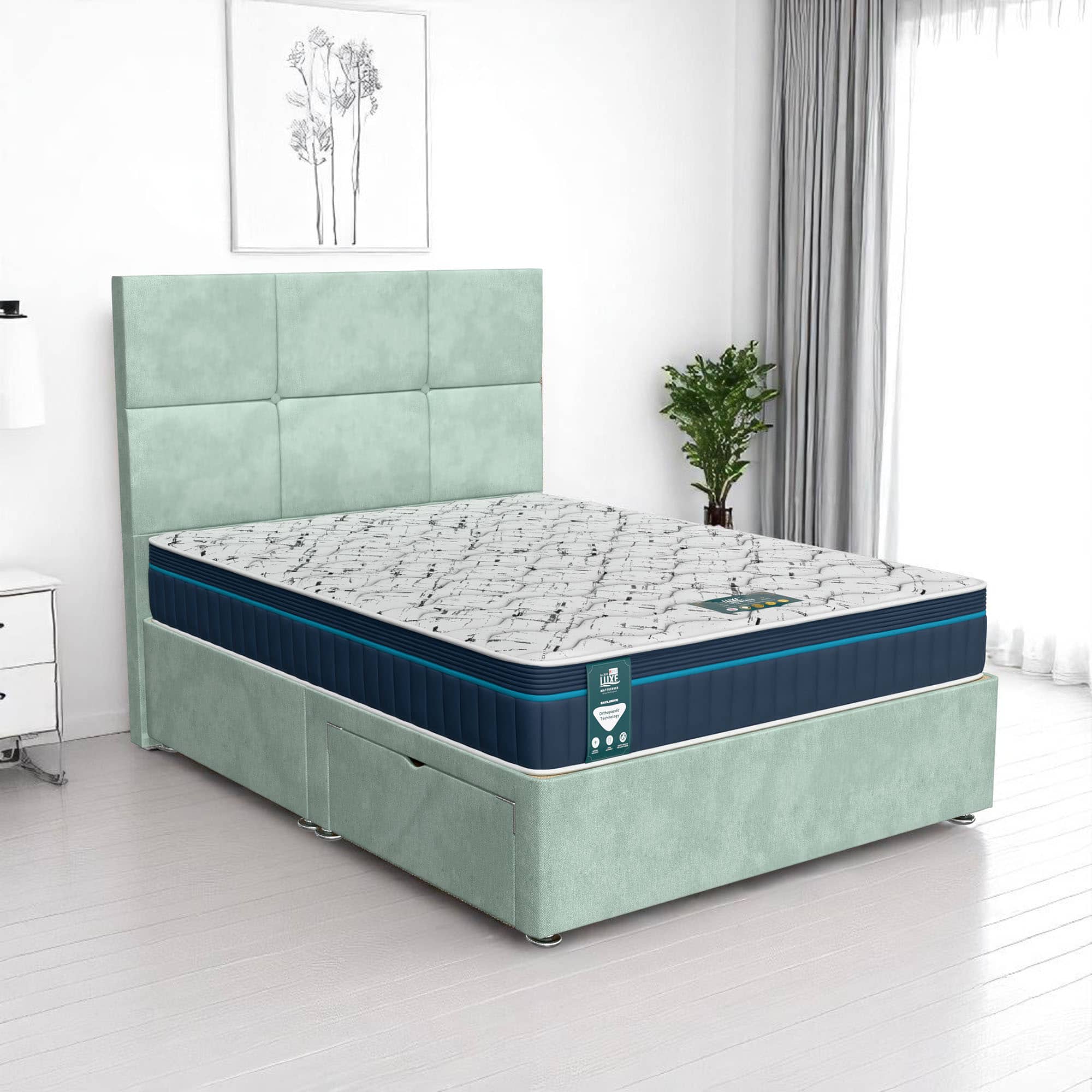 Venice Square Panel Divan-Light - Venice Duck Egg, Queen Size 120 x 190cm (Small Double)