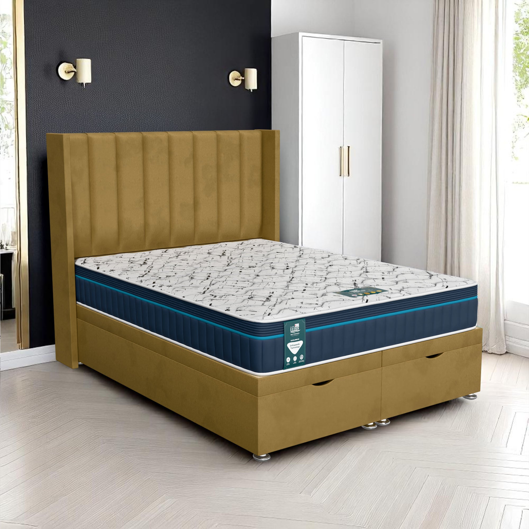 Milan Stripe Curved Ottoman-Dark - Milan Mustard, King Size 150 x 200 cm