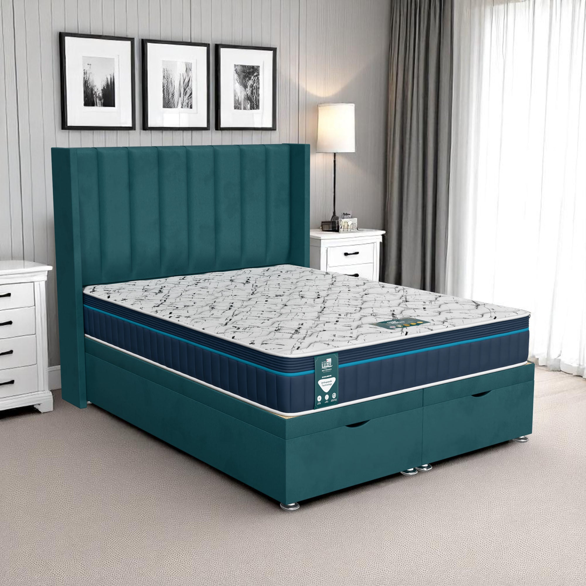 Milan Stripe Curved Ottoman-Dark - Milan Teal, Super King 180 x 200 cm