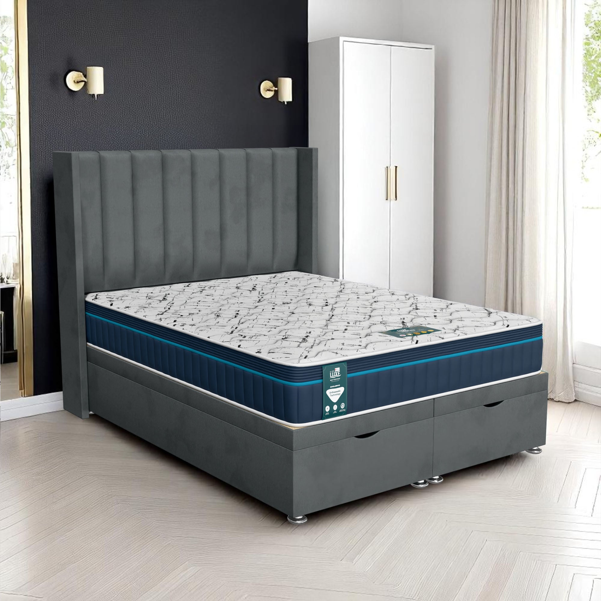 Wool Stripe Curved Ottoman - Steel Wool, Euro Queen 160 x 200 cm
