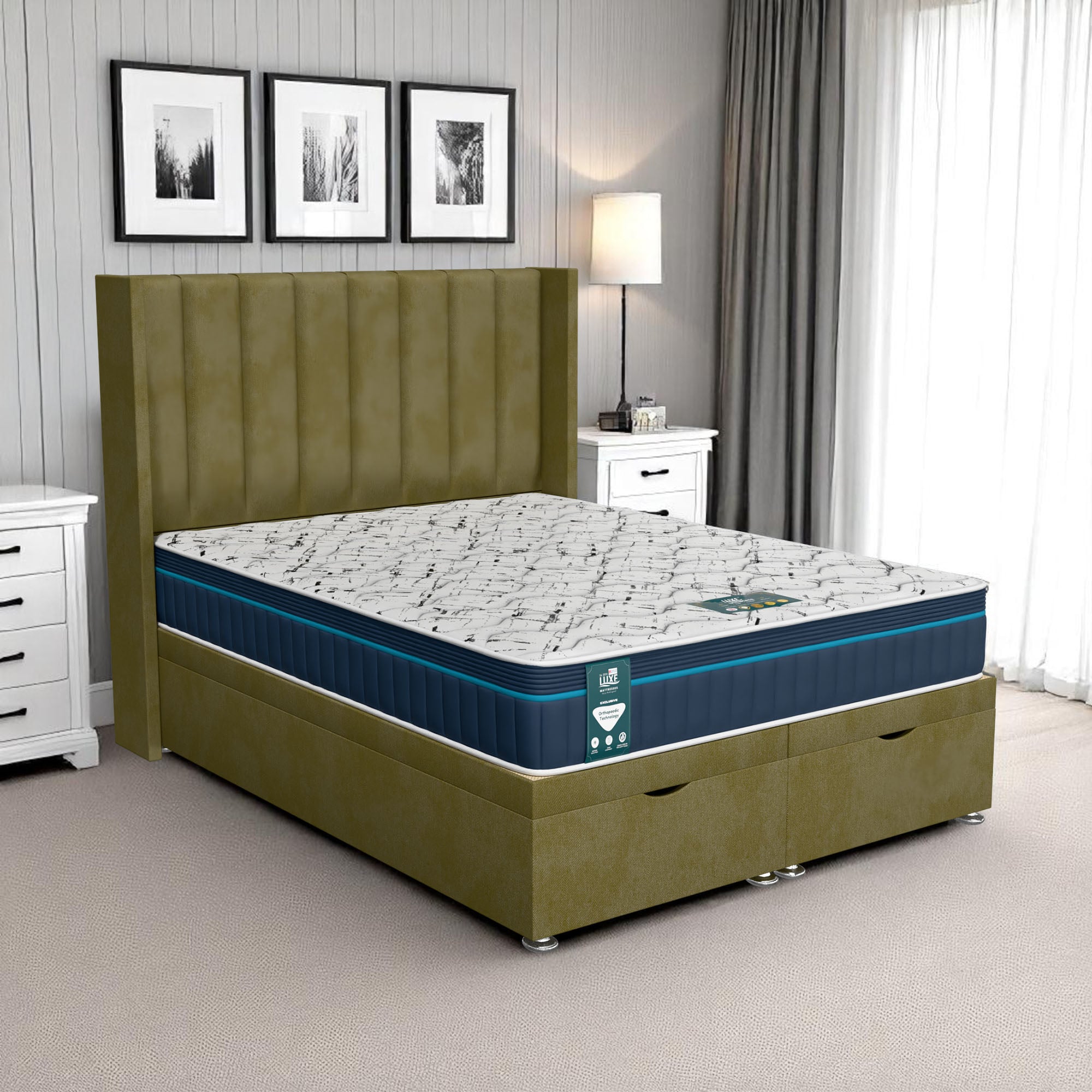 Venice Stripe Curved Ottoman-Dark - Venice Olive, Queen Size 120 x 190cm (Small Double)
