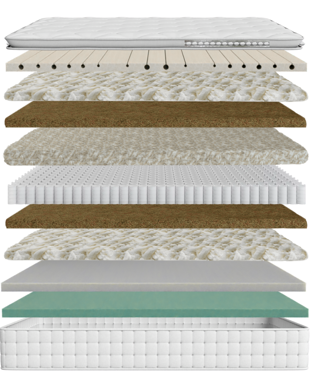 13-layer hand-tufted natural latex mattress construction with all materials shown