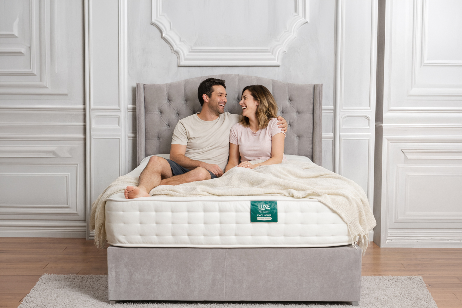 Couple relaxing on a Luxe natural latex mattress in a luxury bedroom